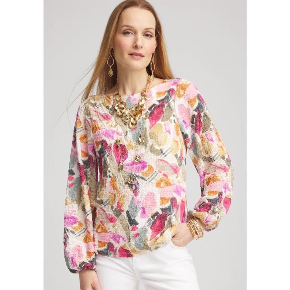 Chico’s Smocked Boatneck Top Long Sleeve Floral Colorful Spring Size XXL